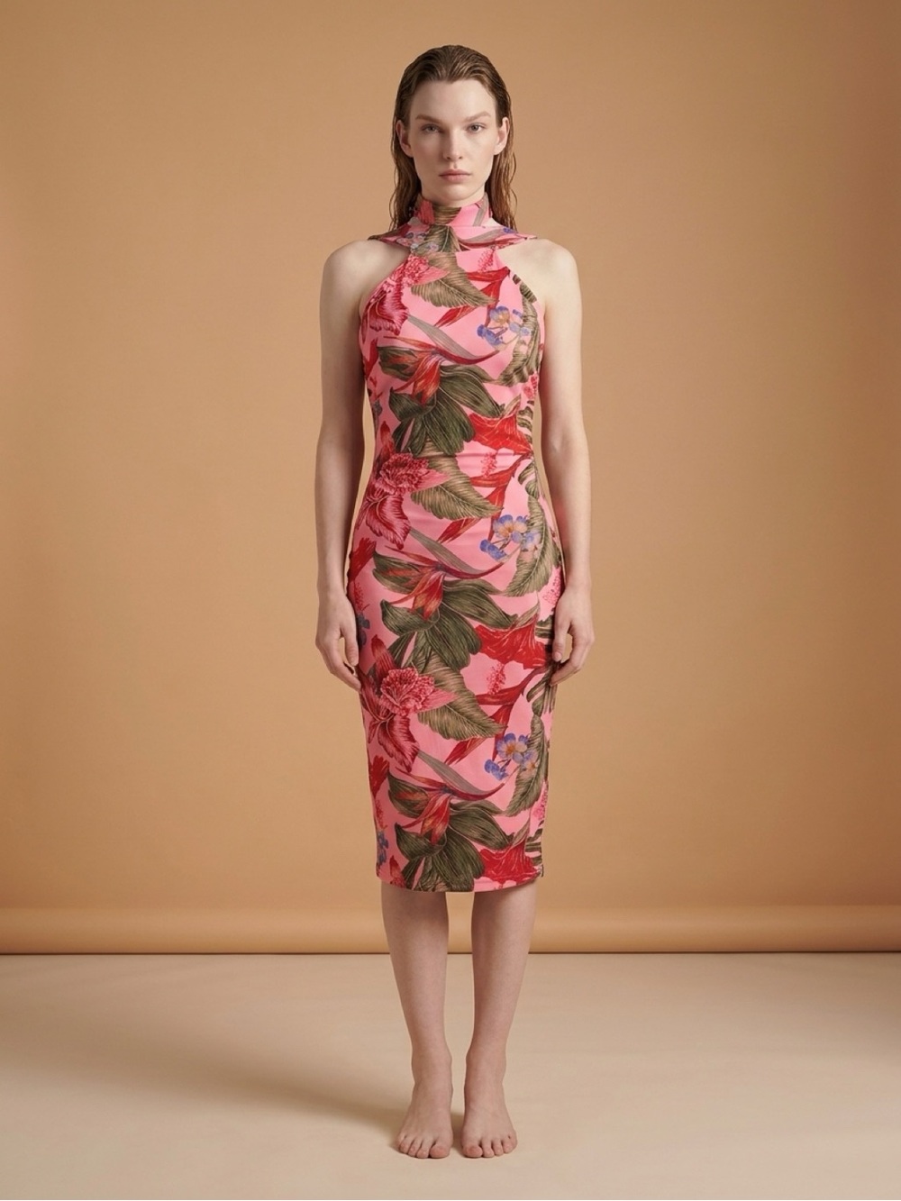 Bebe Pink Tropical Floral Halter Midi Dress Sz XS — Fits Small